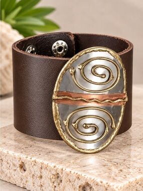 Handmade Genuine leather bracelet with Swirl  mixed metals